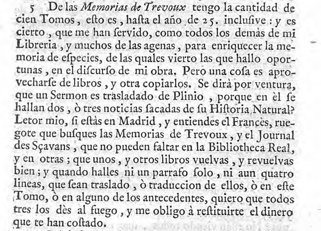El reto de Feijoo en el prólogo del tomo III, primera edición de 1729, con el pasaje subrayado