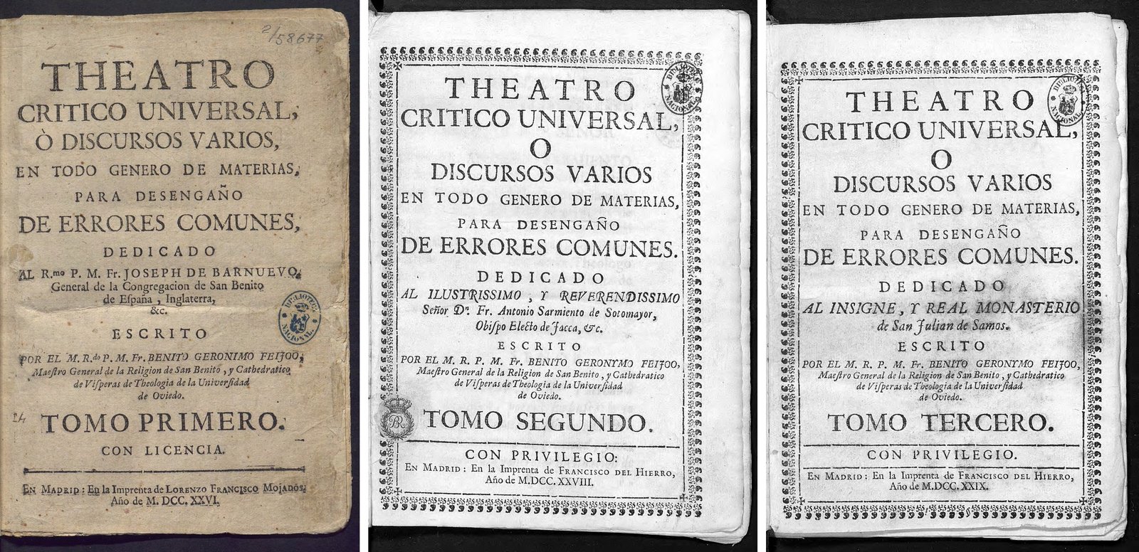 Portadas de los tres primeros tomos del Teatro crítico universal