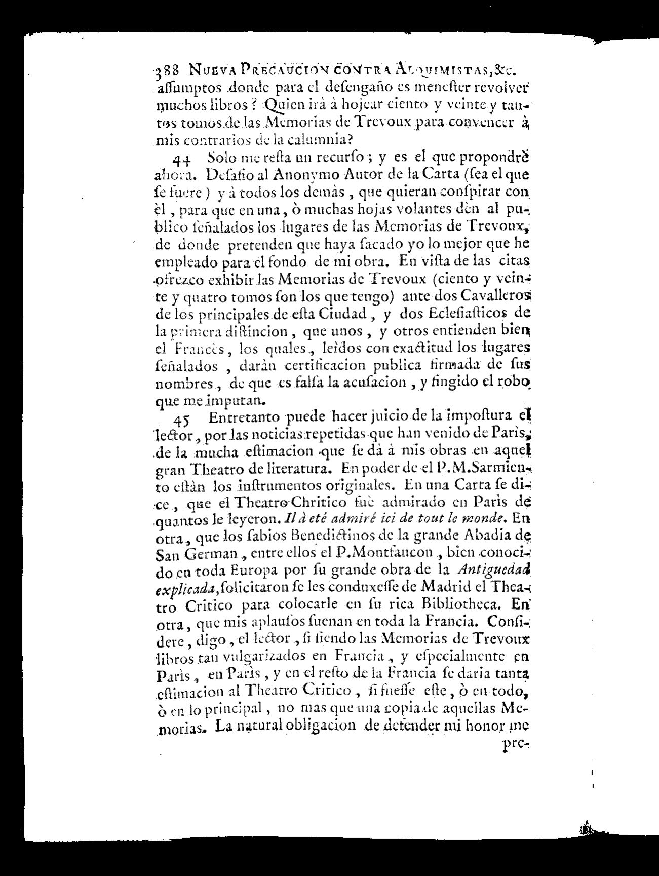 Segundo reto de Feijoo, tomo V, primera edición de 1733, página 388, número 44