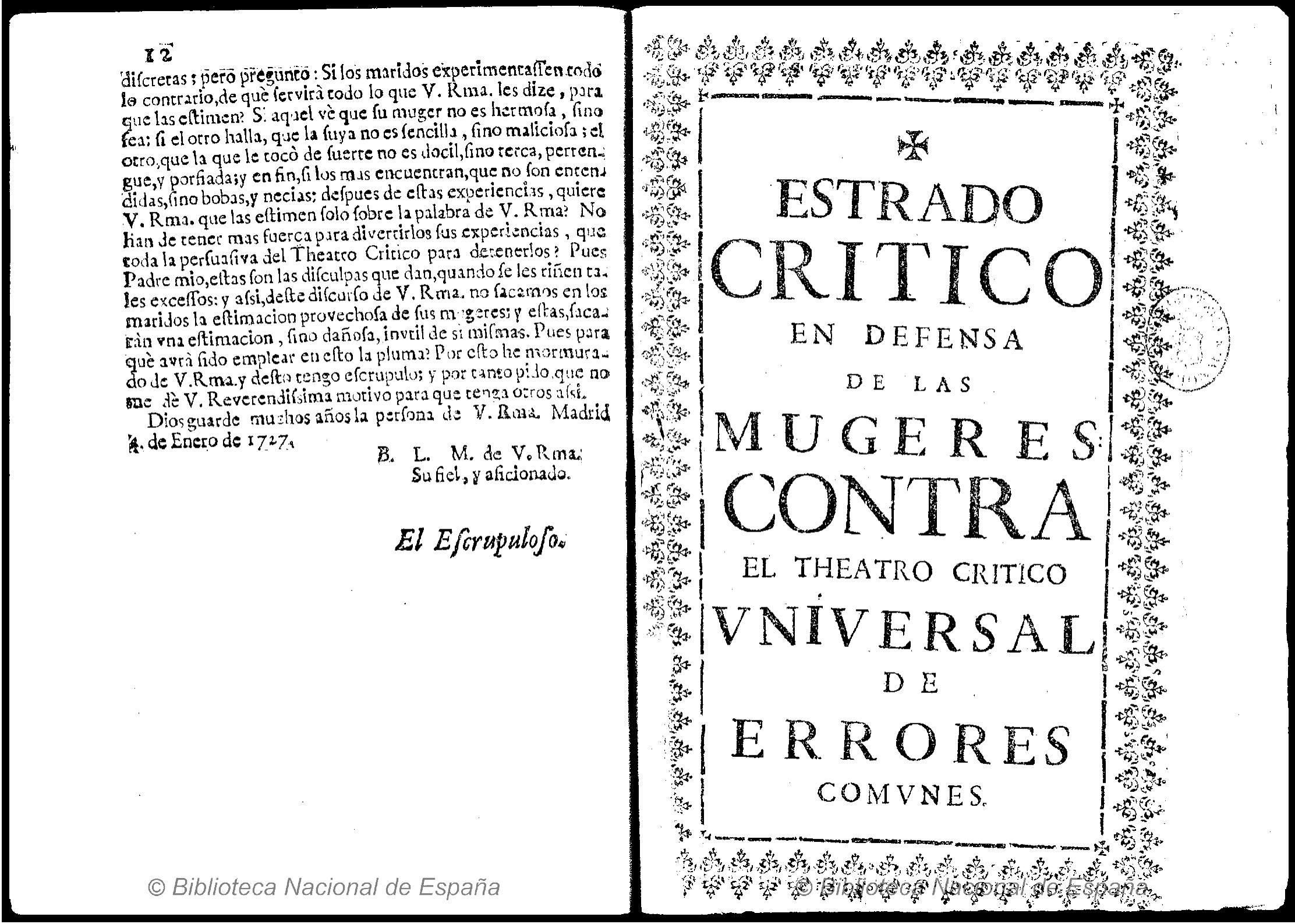 Portada del Estrado crítico en defensa de las mujeres contra el Teatro crítico universal, 1727