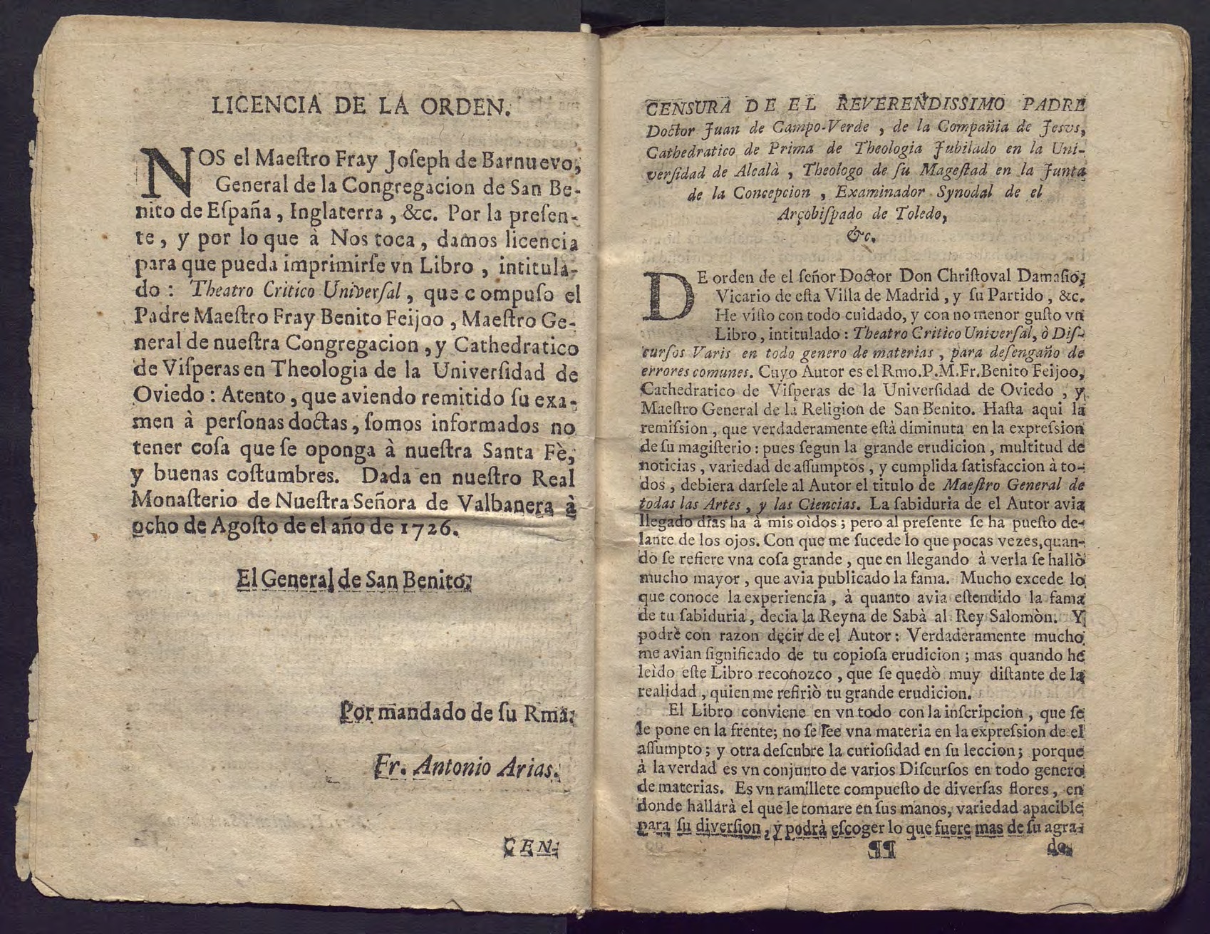 Preliminares del tomo I, con la licencia de la orden benedictina