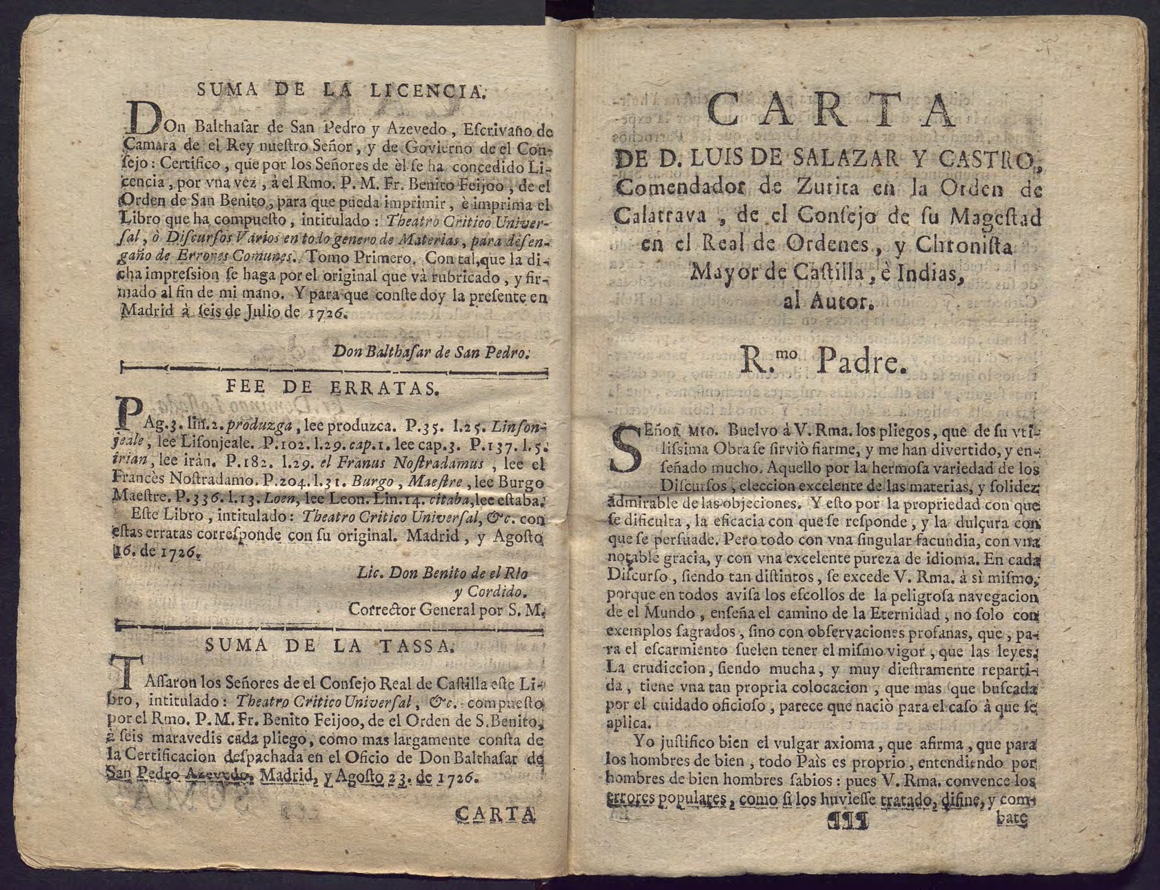 Preliminares del tomo I, con la suma de la licencia del Consejo