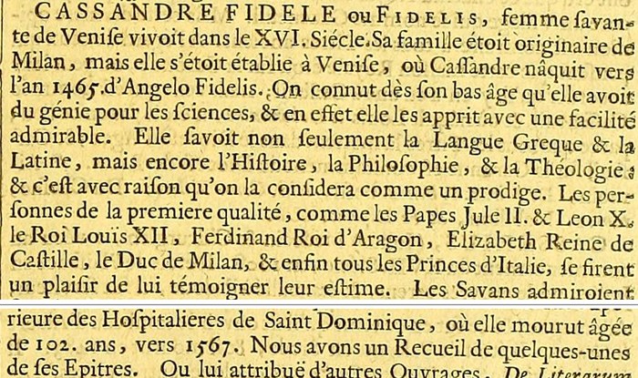 Recorte de Moréri: las sabias italianas (Casandra Fidele) (O508)